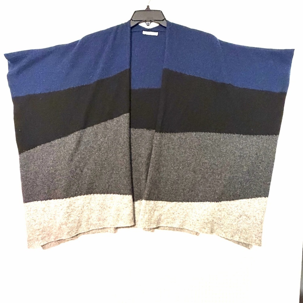 White + Warren Womens Open Poncho Cashmere Knit Cape Shawl Wrap Blue Black Gray
